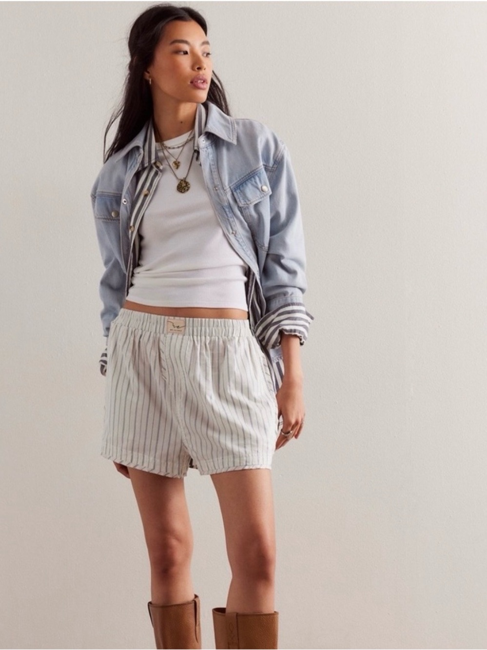 Free People We The Free Day to Day White Boxer Shorts with Thin Blue Stripes